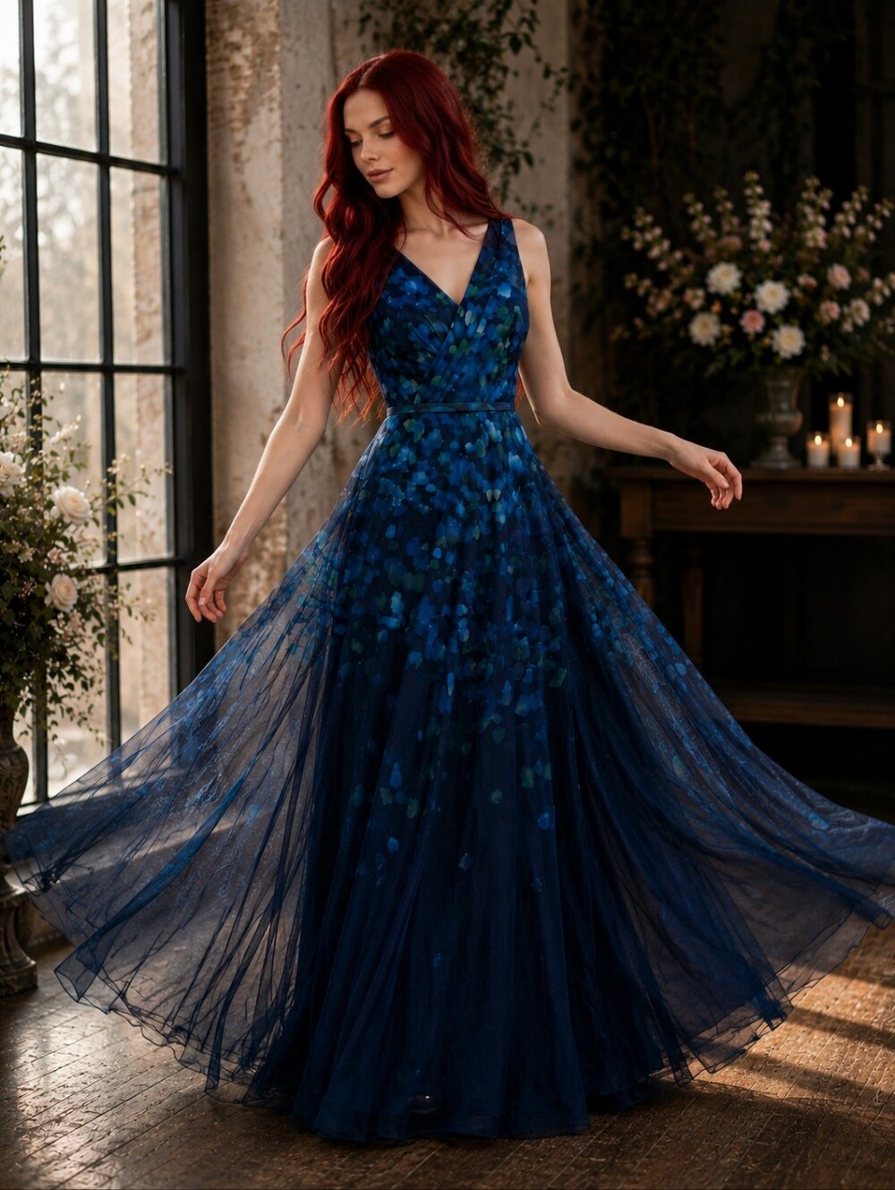 Rene Ruiz Collection Blue Multi Floral Gown Size 8 BNWT Sheer Overlay Formal